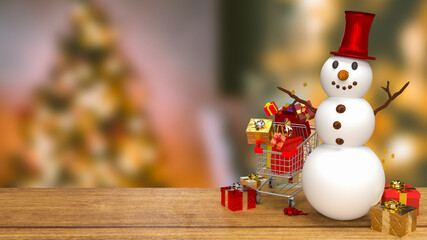The snowman and shopping cart for holiday concept 3d rendering