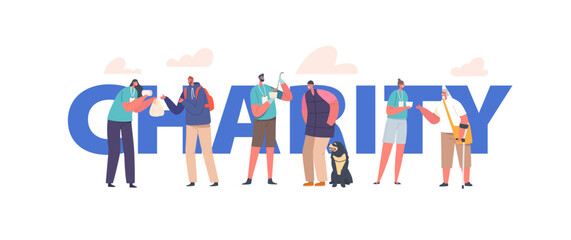 Charity Concept with Poor People Getting Food in Shelter. Volunteers Distribute Free Meals to Bums, Refugees, Beggars