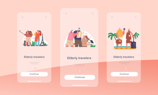 Elderly Travelers Mobile App Page Onboard Screen Template. Senior Tourists in Foreign City, Old Characters Traveling