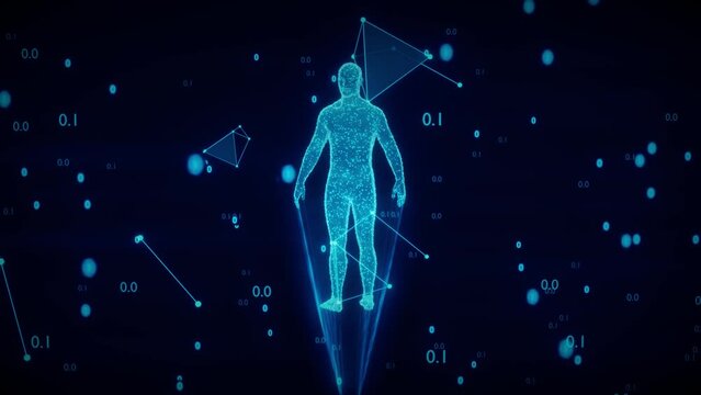 Concept digital humanity. Data build people. Human hologram from points and polygons in a cloud of binary code and connections. 3d rendering