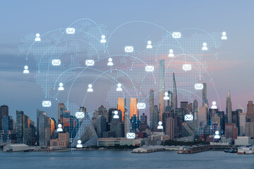 New York City skyline from New Jersey over Hudson River, Midtown Manhattan skyscrapers at sunset, USA. Social media hologram. Concept of networking and establishing new people connections