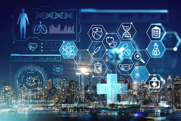 New York City skyline from New Jersey over the Hudson River with the skyscrapers at night, Manhattan, Midtown, USA. Health care digital medicine hologram. The concept of treatment, disease prevention