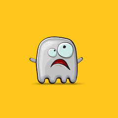 Funny cute smiling grey ghost monster isolated on orange background. Ghost cartoon character and cute emoji. Halloween spirit element.