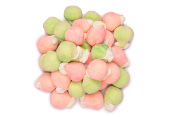 Marshmallow fruit candys isolated on white background.