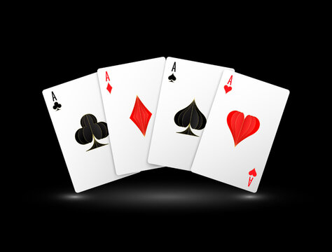 Poker cards. Four aces of diamonds clubs spades and hearts fly. Red and black colors. Isolated on solid background. Online casino gambling concept. Vector illustration.