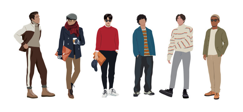 Street Fashion Men Vector Realistic Illustration. Young Men Wearing Trendy Modern Street Style Outfit Standing And Walking. Cartoon Style Male Characters Isolated On White Background.