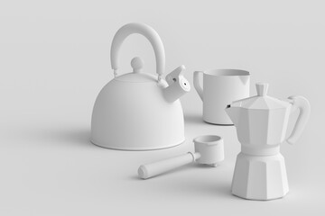 Espresso coffee machine with horn, kettle and geyser coffee maker on monochrome