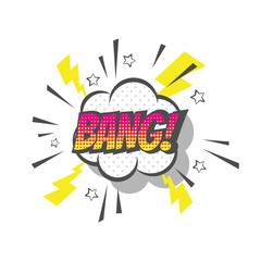 Bang explosion colorful vector cartoon. Bang! text lettering comic.