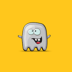 Funny cute smiling grey ghost monster isolated on orange background. Ghost cartoon character and cute emoji. Halloween spirit element.