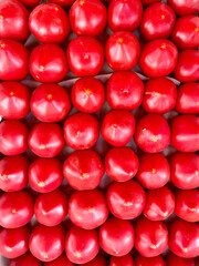 Lots of fresh ripe tomatoes with drops of dew