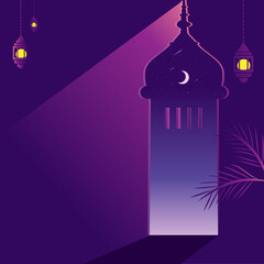 Islamic religion banner template. A Muslim man is facing the sunset and praying namaz or salah. Serene holy night background. vector illustration