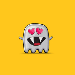 Funny cute smiling grey ghost monster isolated on orange background. Ghost cartoon character and cute emoji. Halloween spirit element.