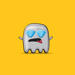 Funny cute smiling grey ghost monster isolated on orange background. Ghost cartoon character and cute emoji. Halloween spirit element.