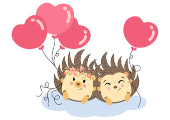 Cute couple of hedgehog with heart balloons in love