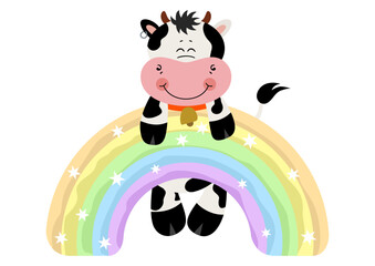 Cute cow hanging on magic rainbow