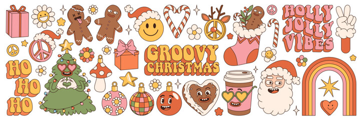Groovy hippie Christmas stickers. Santa Claus, Christmas tree, gifts, rainbow, peace, holly jolly vibes, ho ho ho, coffee, gingerbread in trendy retro cartoon style. Cartoon characters and elements. © Martyshova
