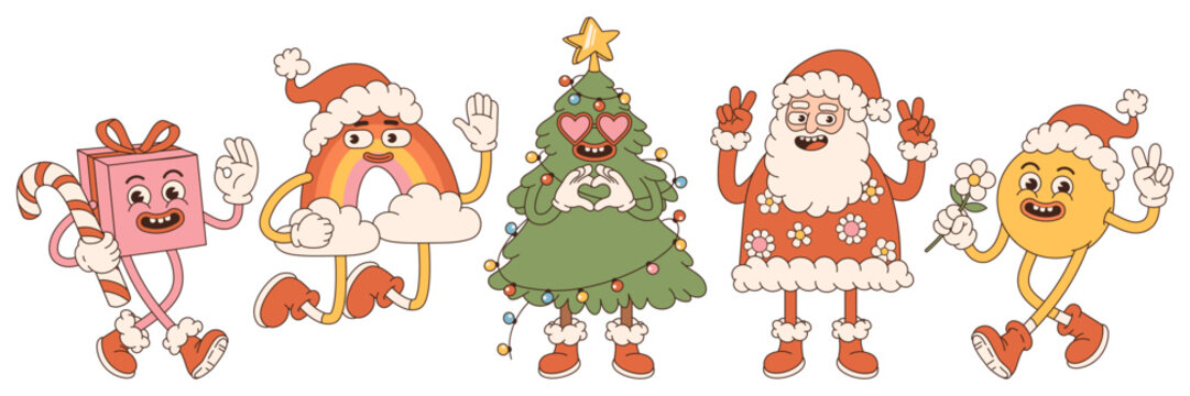 Naklejka Groovy hippie Christmas. Santa Claus, Christmas tree, rainbow, gift, smile in trendy retro cartoon style. Sticker pack of comic characters.