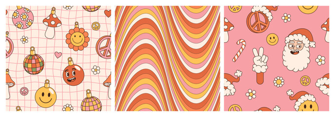 Groovy hippie Christmas seamless pattern. Santa Claus, smile, peace, wave in trendy retro cartoon style. Merry Christmas and Happy New year backgrounds, textile, wrapping paper, wallpaper.