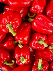 Close-up photo of sweet pepper in market. Group of vegetable background. Red sweet peppers.