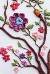 Colorful flowers made by embroidery. Pop and casual design. Cards and posters for children and women.