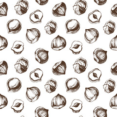 Vector seamless pattern with hazelnuts on a white background. Vegan food illustration.