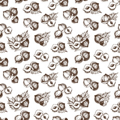 Vector seamless pattern with hazelnuts on a white background. Vegan food illustration.