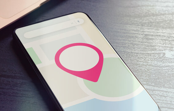 Local search concept - SEO Search Engine Optimization, Near Me Searches concept with smartphone with search bar, map and red pin on the screen