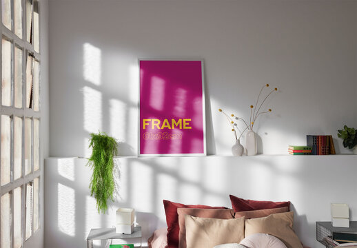 Big White Frame Mockup on Bedroom With Window Light