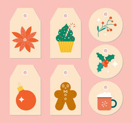 Christmas tag collection. Printable gift labels with cute flat Xmas objects - flowers, baubles, sweets. Greeting cards and stickers template for holiday presents.