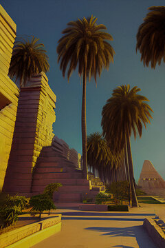 Ancient buildings from Mesopotamia era, 3000BC. Illustrations.
