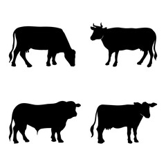 Silhouettes of cows set. Simple icons with cow, farming production of milk and meat