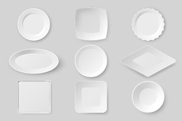 Realistic food plates in different shape, dishes and bowls set. White porcelain plate for restaurant