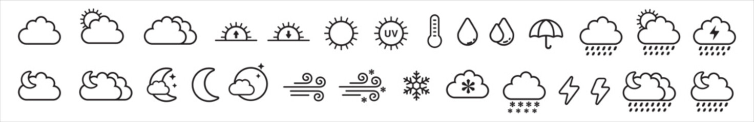 Weather icons. Weather forecast line icon set. Simple design for application and website button. Contains symbol of sunrise, sunset, sun, moon, rainfall, blizzard, snow, umbrella. Vector illustration