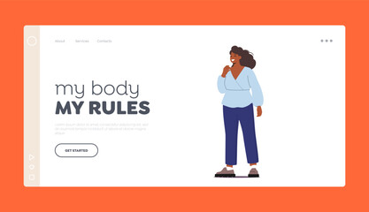 Obraz na płótnie Canvas Curvy Fat Adult Girl Landing Page Template. Attractive Chubby Black Woman in Elegant Office Clothes, African Woman