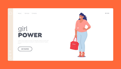 Obraz na płótnie Canvas Girl Power Landing Page Template. Curvy Female Character Accepts Herself, Bodypositive Concept. Beautiful Chubby Woman