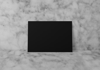 Empty black horizontal rectangle A4 paper sheet mockup on marble floor and wall, 3D rendering