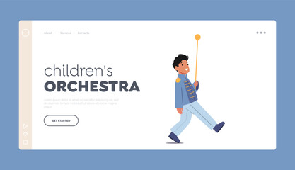 Children Orchestra Landing Page Template. Little Boy Character with Stick March at Military Orchestra, Kid Wear Uniform