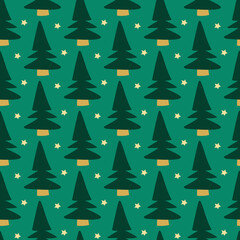 cute Christmas winter trees seamless repeat pattern on green background