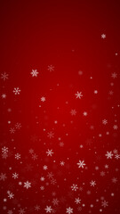 Snowfall overlay christmas background. Subtle flying snow flakes and stars on christmas red background. Festive snowfall overlay. Vertical vector illustration.