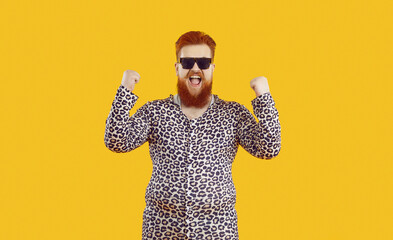 Yes, great success. Funny emotional fat guy in crazy animal print PJs celebrating and having fun....