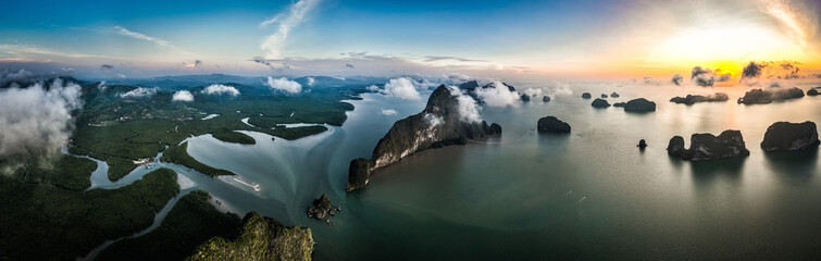 Aerial view of Samet Nangshe Viewpoint at sunset during rainy season, Phang Nga, Thailand