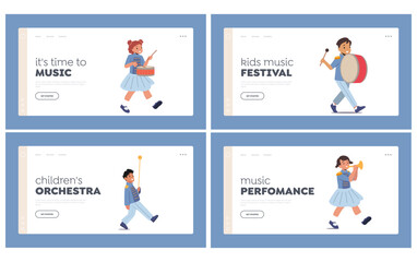 Kids Band In Blue Uniform Marching on Parade Landing Page Template Set. Happy Girls And Boys Play Festival Music