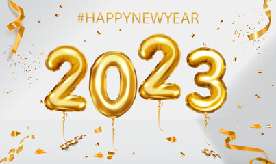 Golden helium balloons number 2023 New Year. Happy new year 2023 metallic gold foil balloons. Gold foil balloons numeral 2023 with glitter gold confetti. Shiny party background. Holiday Vector EPS10.