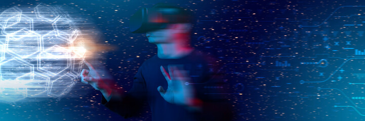 Metaverse virtual reality, augmented reality technology world connection. Man using VR glasses touching digital earth.