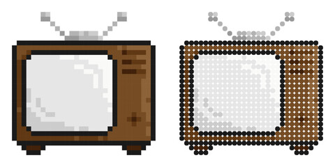 Pixel icon. Old wooden TV with antenna. Vintage TV. World Television Day 21 November. Simple retro game vector isolated on white background
