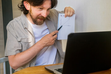 joyful bearded man confidently demonstrates graph to laptop monitor