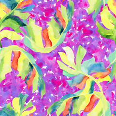 Colorful watercolor art print. Seamless pattern of abstract banana leaves on a pink background