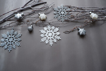 Christmas and winter holiday decoration background composition with white branches and Christmas...