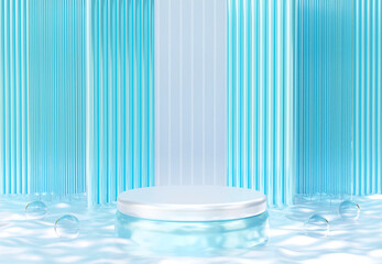 Cylinder podium with beautiful decorative walls. Stand to show products. Stage showcase with copy space. Pedestal in luxury and modern scene. 3D rendering.