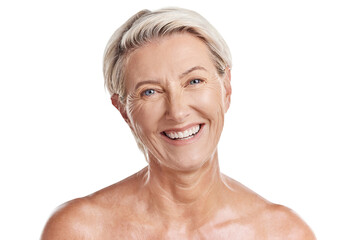 Portrait of a beautiful mature caucasian woman posing topless against pink background copyspace ....